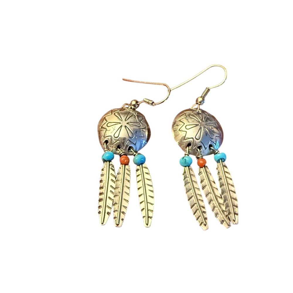 Southwestern Sterling Silver Turquoise and Coral Feather Dangle Earrings